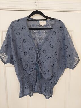 Johnny Was Jade Dusty Blue Eyelet Tie-Front Smocked Blouse Small